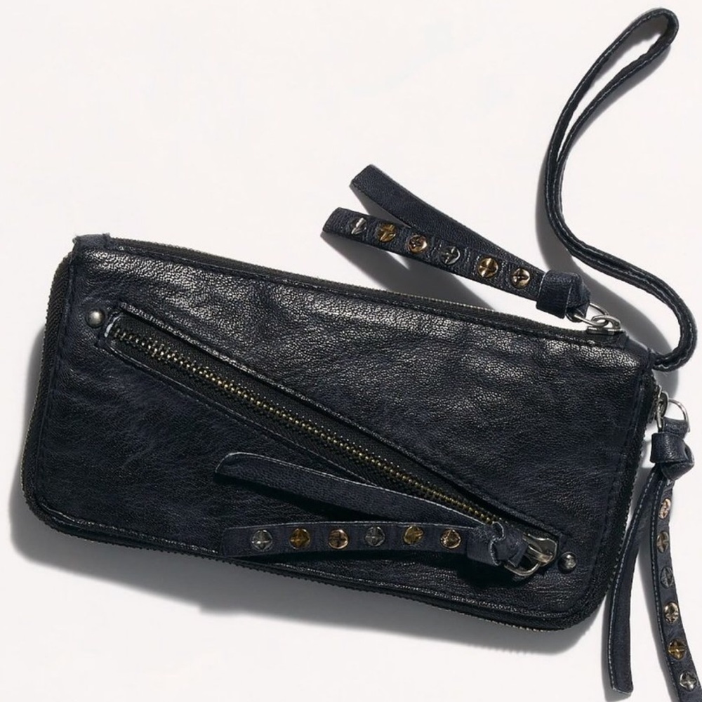 We The Free Black Studded Leather Wristlet Wallet